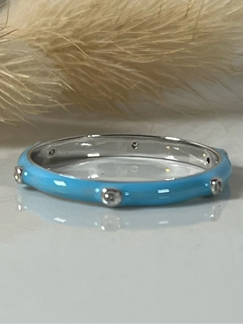 Rhodium Plated 925 Sterling Silver Turquoise Color Enamel Stacker Ring Size 7.25